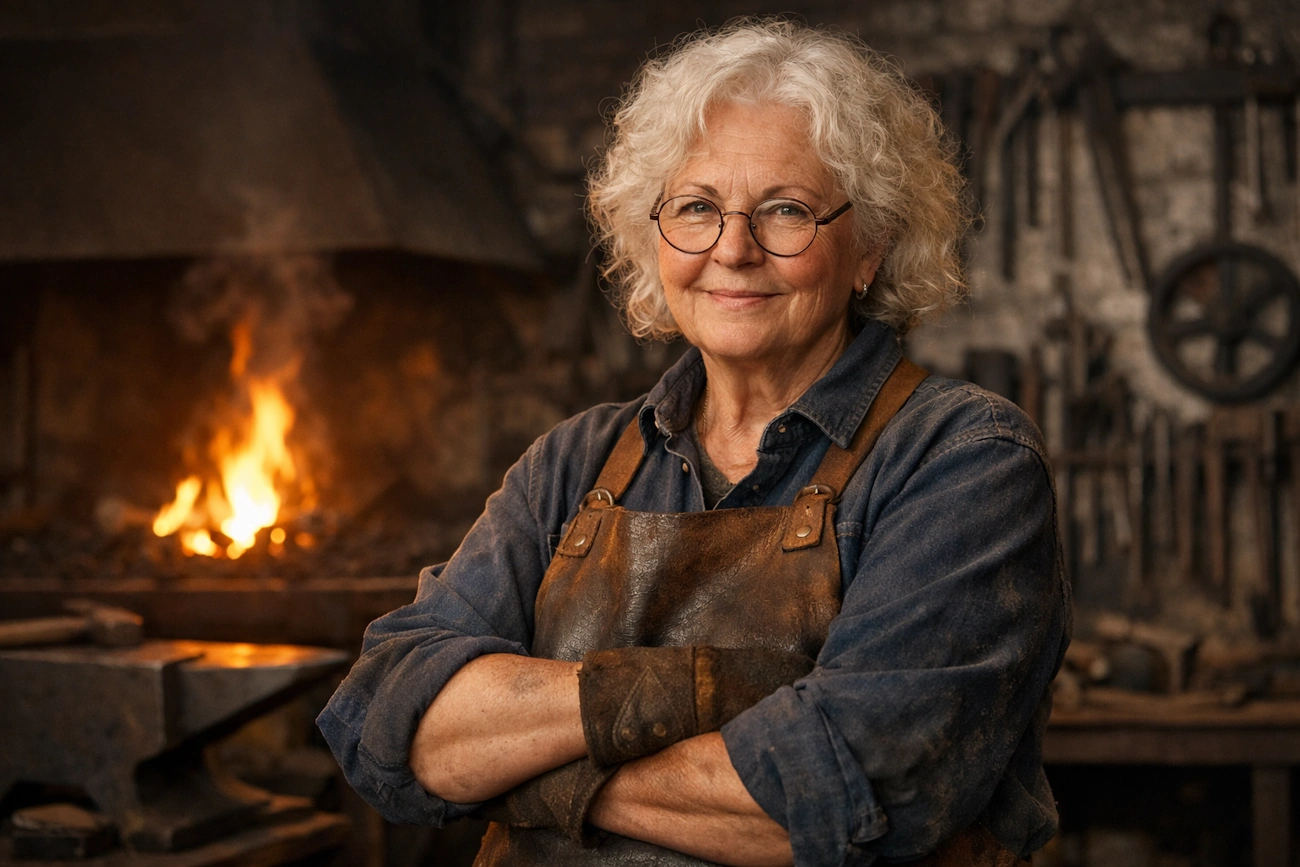 Birgitta står i sin verkstad omgiven av verktyg och handgjort smide